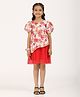 Zion Satin Woven Half Puffed Sleeves Floral & Polka Dots Printed Layered Dress - Red
