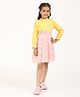 Zion Viscose Rayon Full Peasant Sleeves Hearts Glitter Printed Bow Applique Detailed Dress - Yellow & Pink