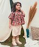 Halemons Pure Cotton Woven Half Puff Sleeves Floral Printed Top With Shorts Set - Black