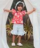 Halemons Cotton Woven Frill  Sleeves Floral Printed Top With Striped Shorts Set - Red