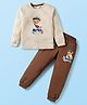 Mini Donuts Single Jersey Knit  Full Sleeves T-Shirt & Joggers Set with Teddy Print - Peach & Brown