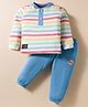 Mini Donuts Single Jersey Knit Full Sleeves Striped T-Shirt & Lounge Pant Set - Blue