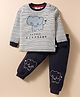 Mini Donuts Single Jersey Knit Full Sleeves Striped T-Shirt & Lounge Pant Set with Elephant Print - Charcoal Grey
