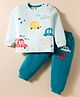 Mini Donuts Single Jersey Knit Full Sleeves T-Shirt & Lounge Pant Set with Car Print - Light Blue