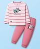 Mini Donuts Single Jersey Knit Full Sleeves Striped T-Shirt & Lounge Pant Set with Fox Graphic - Pink