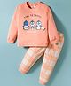 Mini Donuts Single Jersey Knit  Full Sleeves T-Shirt & Lounge Pant Set With Checks & Penguin Print - Peach