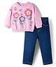 Babyhug Looper Knit Full Sleeves Rib at Neck Top & Jeans Set with Floral Print - Pink & Blue