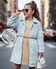 Hola Bonita Knit Full Sleeves Fur Jacket & Shimmer Inner Party Dress with Belt - Sea Green