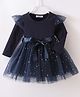 Mark & Mia Full Sleeves Party Dress with Net & Frill Detailing Moon & Star Print & Bow Applique - Navy Blue