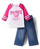 Babyhug Looper Knit Full Sleeves Top and Denim Jeans Set with Paris Text Print - Pink White & Blue