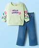 Babyhug Looper Knit Full Sleeves Rib at Neck Top & Jeans Set with Kangaroo Pocket & Floral Print - Light Green & Blue