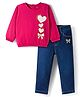 Babyhug Looper Knit Full Sleeves Rib at Neck Top & Jeans Set with Heart Print - Red & Blue