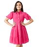 Olele Cotton Linen Woven Half Balloon Sleeves Solid Shirt Style Dress - Pink