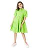 Olele Cotton Linen Woven Half Balloon Sleeves Solid Shirt Style Dress - Green