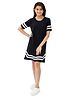 Olele Cotton Flax Knit Half Sleeves Rugby Striped Dress - Black