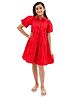 Olele Cotton Linen Woven Half Balloon Sleeves Solid Shirt Style Dress - Red