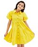 Olele Cotton Linen Woven Half Balloon Sleeves Solid Shirt Style Dress - Yellow