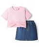 Babyhug Single Jersey Knit Half Sleeves Solid Top & Denim Skirt Set - Pink & Blue