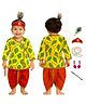 Sarvda Satin Woven Janmashtami Theme Full Sleeves Krishna Costume Set With Morpankh Mala Kundal & Flute Set - Red & Yellow