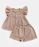 Halemons Pure Muslin Woven Frill Sleeves Textured Top With Coordinating Shorts Set - Brown