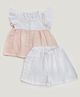 Halemons Pure Muslin Woven Frill Sleeves Colour Blocked Top With Shorts Set - Peach