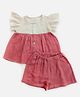 Halemons Pure Muslin Woven Frill Sleeves Colour Blocked Top With Shorts Set - Coral