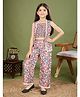 Tiny Twills Muslin Woven Sleeveless Floral Printed Smocked Top & Coordinating Pant With Jacket Set - Pinkish Peach