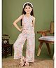 Tiny Twills Muslin Woven Sleeveless Floral Printed Spaghetti Top & Coordinating Pant Set - Pastel Orange & Pink