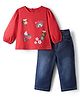 Babyhug Single Jersey Knit Full Sleeves Top & Denim Jeans Set With Bee & Floral Print - Red & Blue