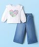 Babyhug Single Jersey Knit Full Sleeves Top & Denim Jeans Set With Floral Print - White & Blue