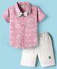 Dapper Dudes Half Sleeves Palm Trees Printed Shirt & Shorts With Bow Set - Onion Pink