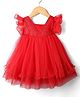 Babyhug Woven Frill Sleeves Mesh Party Dress With Glittered Yoke - Red