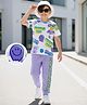OLLINGTON ST. Cotton Knit Half Sleeves Smiley & Text Printed  T-Shirt & Joggers Set - White & Purple