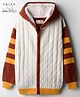 Arias Knit Full Sleeves Front Zipper Open Hooded Sweater With Cable Knit Design - White & Brown