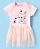 Mom's Love Cotton Half Sleeves Frock Style Onesie with Cat Embroidery - Peach