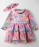 ToffyHouse Woven Full Sleeves Printed Party Dress With Bow Applique & Headband - Pink