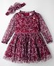 ToffyHouse Woven Full Sleeves Printed Party Dress With Bow Applique & Headband - Maroon