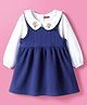 Babyhug Cotton Woven Frock with Full Sleeves Inner Tee & Floral Embroidery - Navy Blue & White