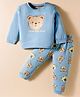 ToffyHouse Knitted Full Sleeves Night Suit With Bear Print - Light Blue