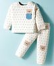 ToffyHouse Knitted Full Sleeves Night Suit With Bear Print - White