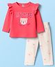ToffyHouse Knit Full Sleeves Top & Lounge Pant Set With Teddy Bear Print - Coral