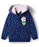 Babyhug Cotton Knit Full Sleeves Front Open Hooded Sweatjacket with Kangaroo Pocket Polka Dot & Floral Applique - Navy Blue