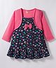 Dew Drops Cotton Woven Full Sleeves Frock with Floral Print Bow Applique - Dark Pink & Navy Blue