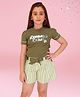 Cutecumber Embosis Hoisery Knit Half Puffed Sleeves Leopard Crush Text Patch Embroidered Top & Striped Shorts With Belt Set - Olive Green