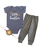 Kadam Baby Cotton Knit Raksha Bandhan Theme Half Sleeves Little Brother Text Printed Onesie & Pajama With Rakhi - Grey