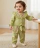 Babyoye Rayon  Woven Twill Solid Dyed Full Sleeves Top & Joggers Set With Frill & Knot Detailing & Floral Embroidery - Light Green