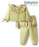 Babyoye Rayon  Woven Twill Solid Dyed Full Sleeves Top & Joggers Set With Frill & Knot Detailing & Floral Embroidery - Light Green