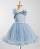 Bluebell Net Woven Sleeveless Party Frock With Floral Corsage - Light Blue