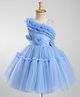 Bluebell Net Woven Sleeveless Party Frock With Floral Applique & Ruffle Detailing - Light Blue