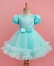 Bluebell Woven Half Puffed Sleeves Party Dress with Embroidery & Sequin Detailing - Aqua Blue
